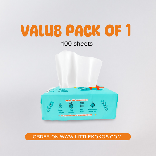 A turquoise pack of Koko Wipes – 100% Dry Cotton Wipes (1 Pack) with white sheets pulled out and product details displayed on the packaging.