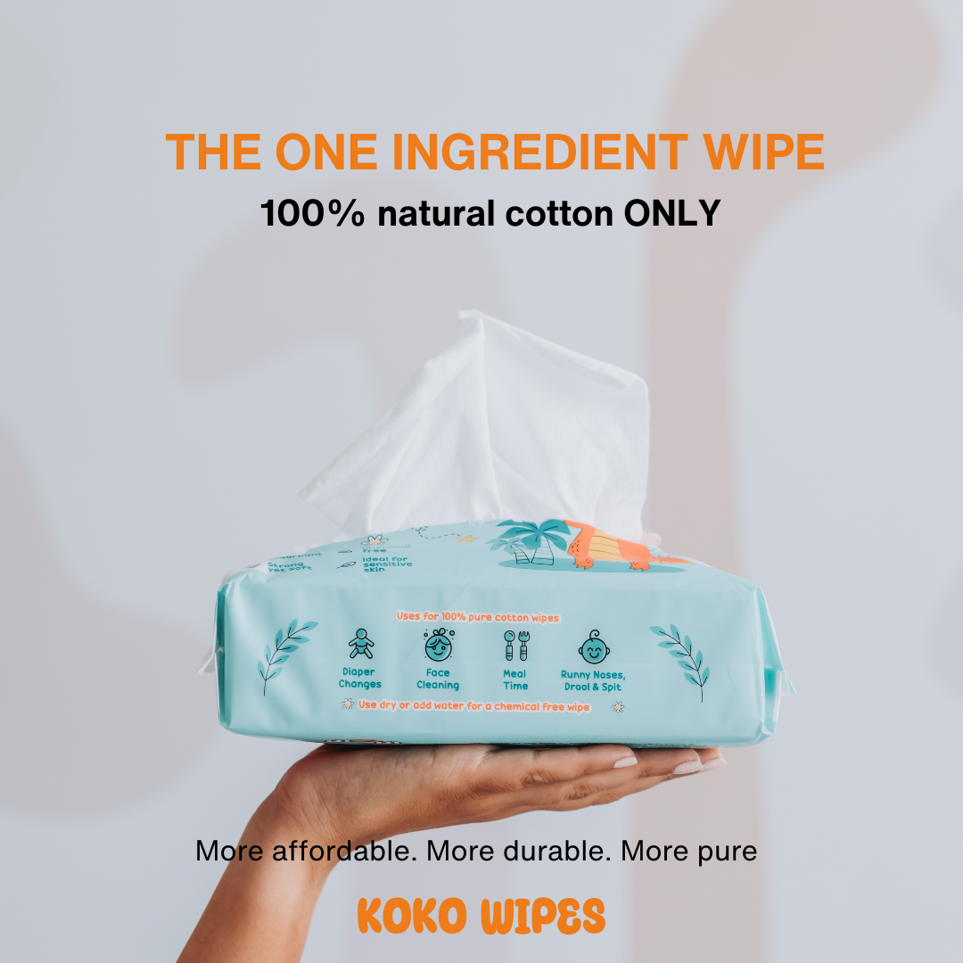 A hand holding a turquoise pack of Koko Wipes – 100% Dry Cotton Wipes, with white sheets pulled out and text highlighting its pure cotton and one-ingredient formula.