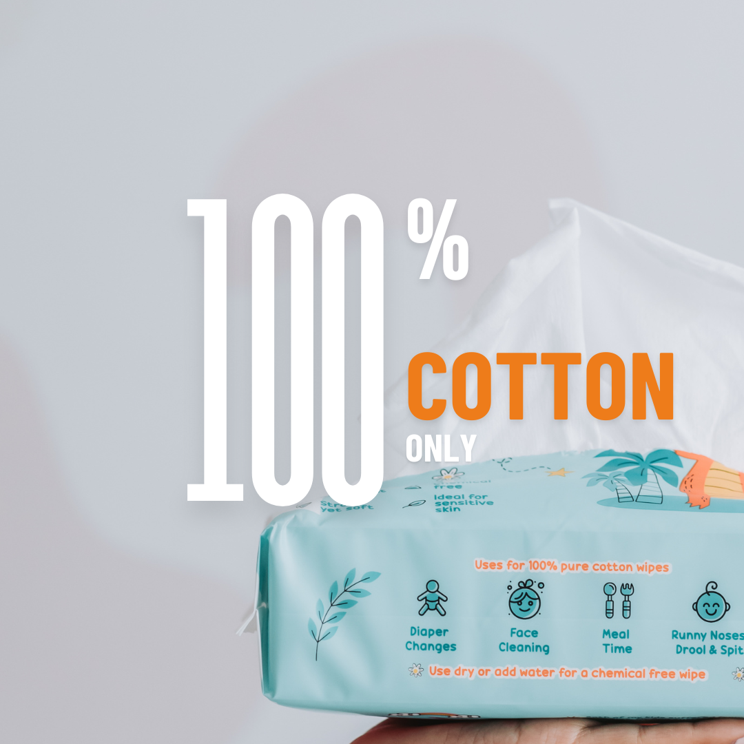 A close-up of a turquoise pack of Koko Wipes – 100% Dry Cotton Wipes, with white sheets pulled out and bold text highlighting its pure cotton formula.