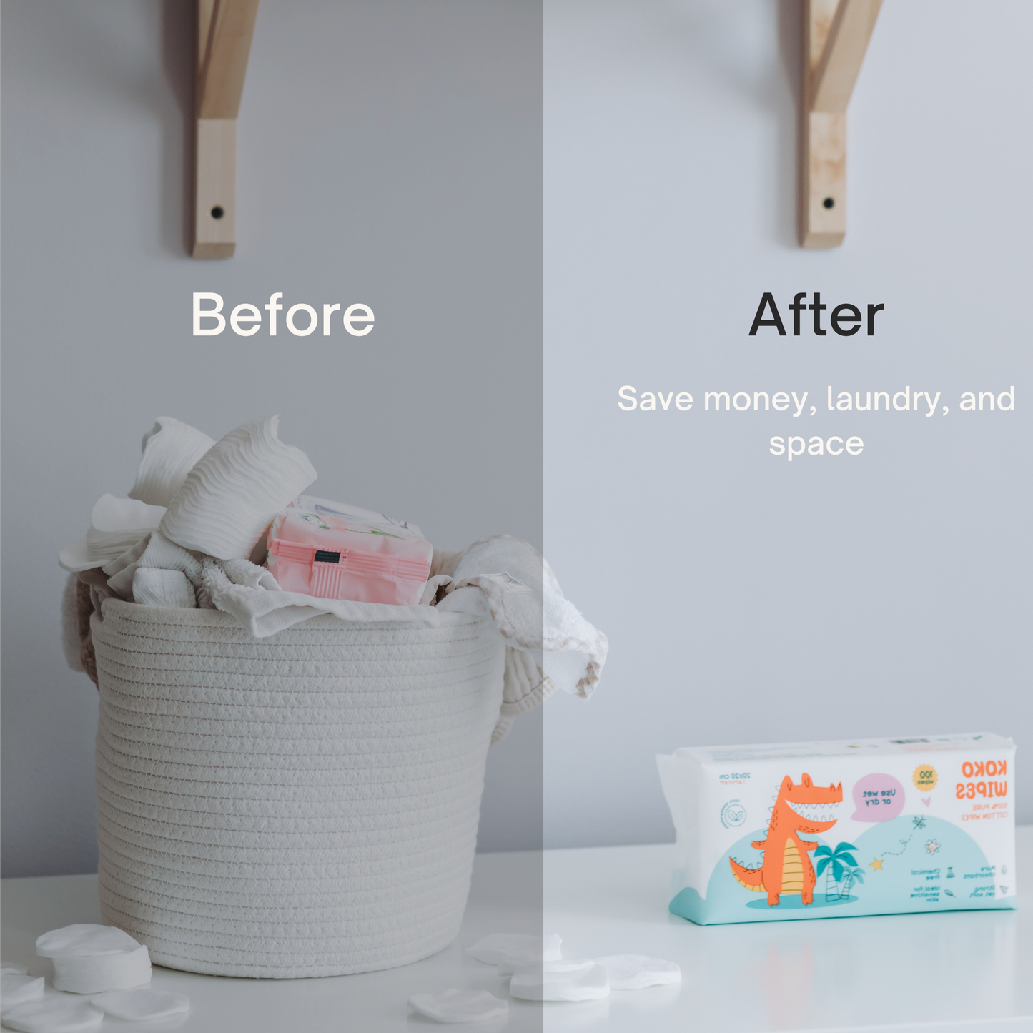 A side-by-side comparison showing a cluttered laundry basket labeled “Before” and a neatly placed pack of **Koko Wipes – 100% Dry Cotton Wipes** labeled “After,” highlighting the space-saving and convenient benefits.