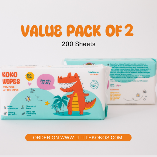 A front and back view of **Koko Wipes – Dry Pure 100% Cotton Wipes (2 Pack)** showing the colorful crocodile design on the turquoise packaging, labeled as a value pack of 200 sheets made for sensitive, chemical-free care.